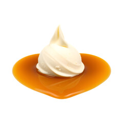 A creamy swirl of vanilla ice cream atop a rich caramel sauce shaped like a heart.