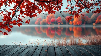 An autumn scene with vibrant orange and red leaves on tree branches framing a calm lake, a rustic wooden deck or table in the foreground, and blurred autumn foliage reflecting in the water