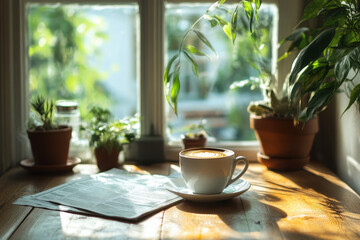 Cup of coffee, newspaper, potted plants on table.