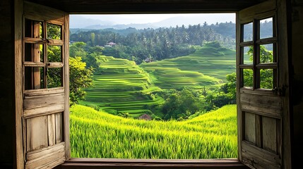 Fototapeta premium a window with a view of a green field
