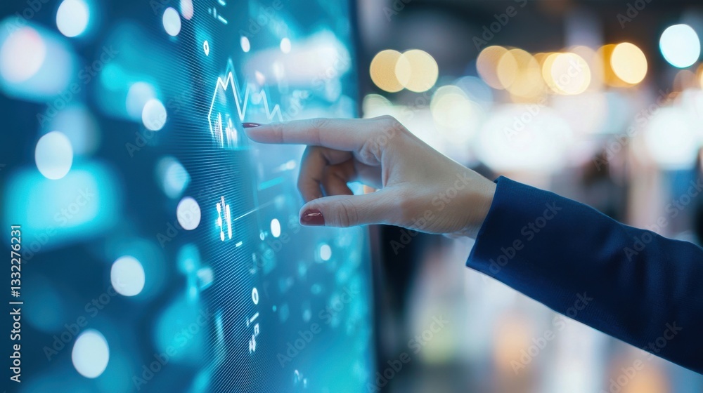 Poster hand touching digital interface with data visualization elements