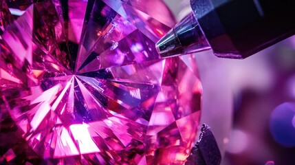 A magnified view of a gemstone being precisely cut, with laser-guided technology enhancing clarity.