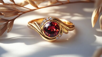 A mesmerizing garnet gemstone ring set in yellow gold, reflecting deep red hues.