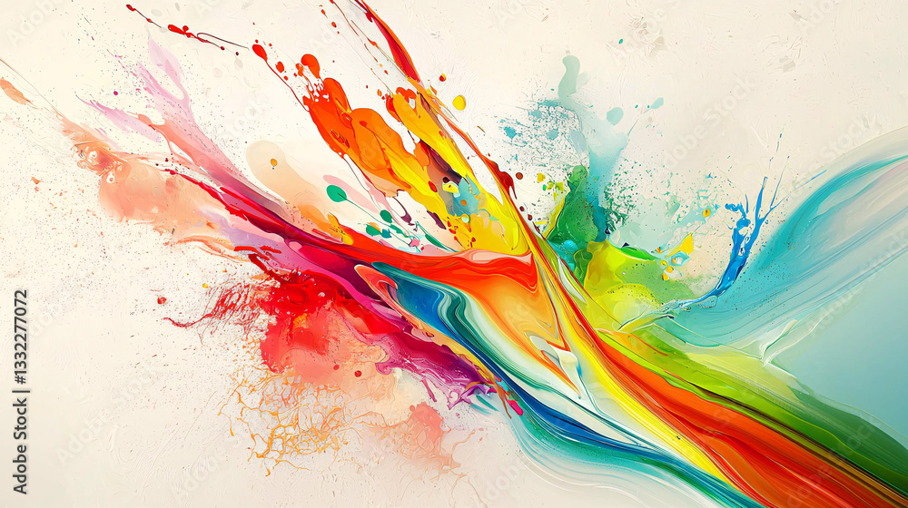 Poster vibrant abstract painting of exploding colorful paint splashes and swirls