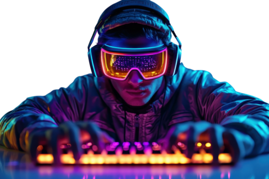 A Cyberpunk Gamer Intensely Focused On A Vibrant Digital Battlefield Illuminated By Neon-hued Lights And Futuristic Gear Isolated on Transparent Background