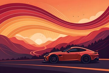 A red auto speeds down a desert highway at sunset
