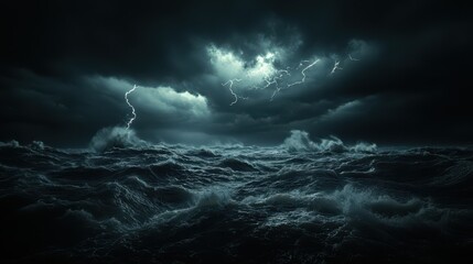 Fototapeta premium This dramatic image captures a turbulent ocean under a stormy sky, illuminated by sudden flashes of lightning, depicting nature's wild and powerful forces.