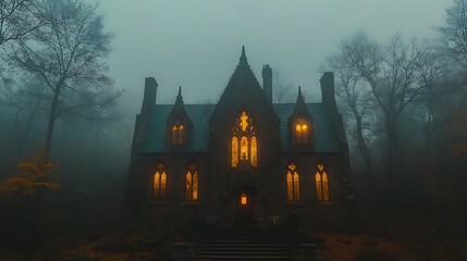 A gothic mansion stands shrouded in a deep atmospheric fog