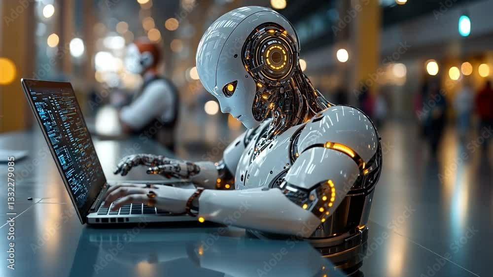 Poster futuristic robot typing on laptop in a modern tech environment with blurred background details