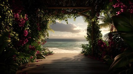 Fototapeta premium Tropical beach gazebo walkway at sunset