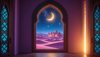 Night view of desert castle through arched window for Ramadan or cultural event