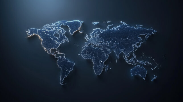 Fototapeta glowing animated world map with flowing data streams, showcasing global connectivity and technology. This digital representation highlights continents and countries in modern style