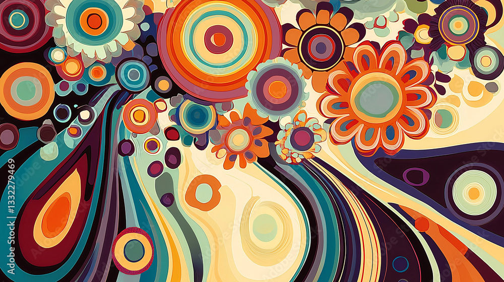 Poster psychedelic retro 70s style abstract colorful floral pattern design with circles and swirls