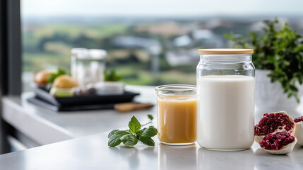 vibrant breakfast scene featuring yogurt, milk, and fresh ingredients, creating refreshing and healthy atmosphere. natural light enhances colors and textures of food