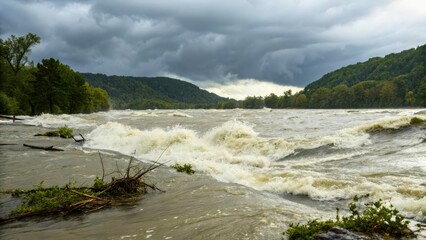 A turbulent river flows under a stormy sky, surrounded by lush greenery and rugged hills, showcasing nature's power and beauty.