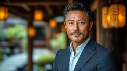 Obraz premium Confident Asian Man in Traditional Japanese Setting