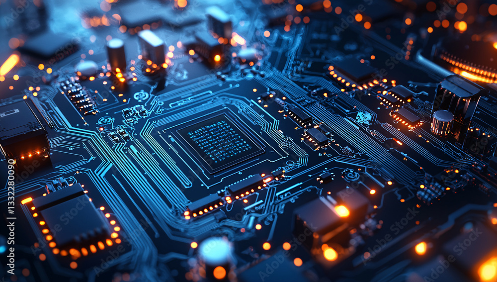 Poster closeup detailed view of a complex computer motherboard circuit board with illuminated components an