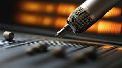 Studio microphone over audio mixing console with glowing lights