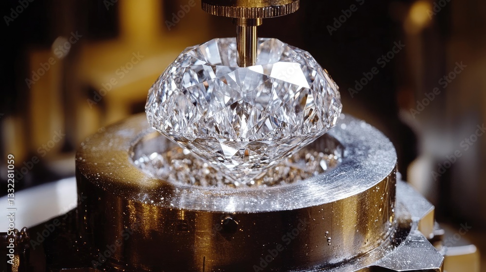 Poster a precision gem-cutting machine in operation, slicing a sapphire into a flawless shape.