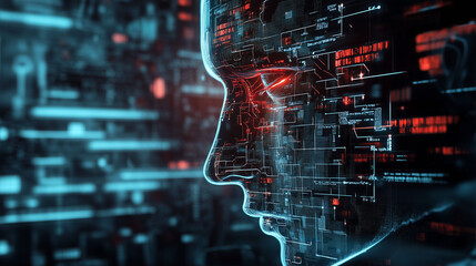 Hologram human artificial intelligence ai and future of brain analyzing power in dark background.