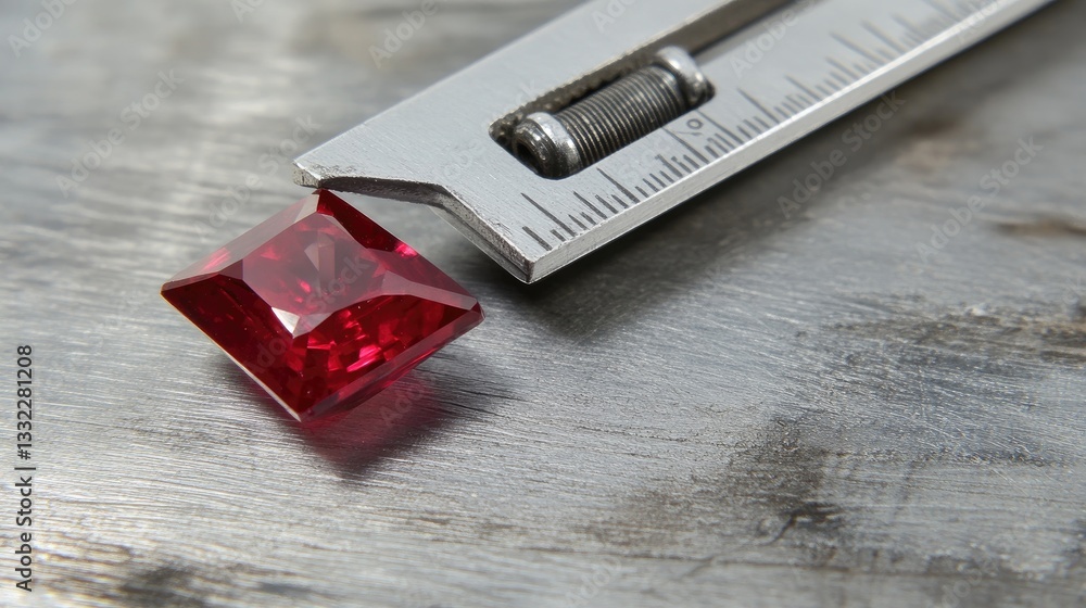 Poster a precision gemstone measurement with a jeweler's caliper evaluating the dimensions of a ruby.