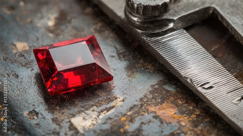 Poster a precision gemstone measurement with a jeweler's caliper evaluating the dimensions of a ruby.