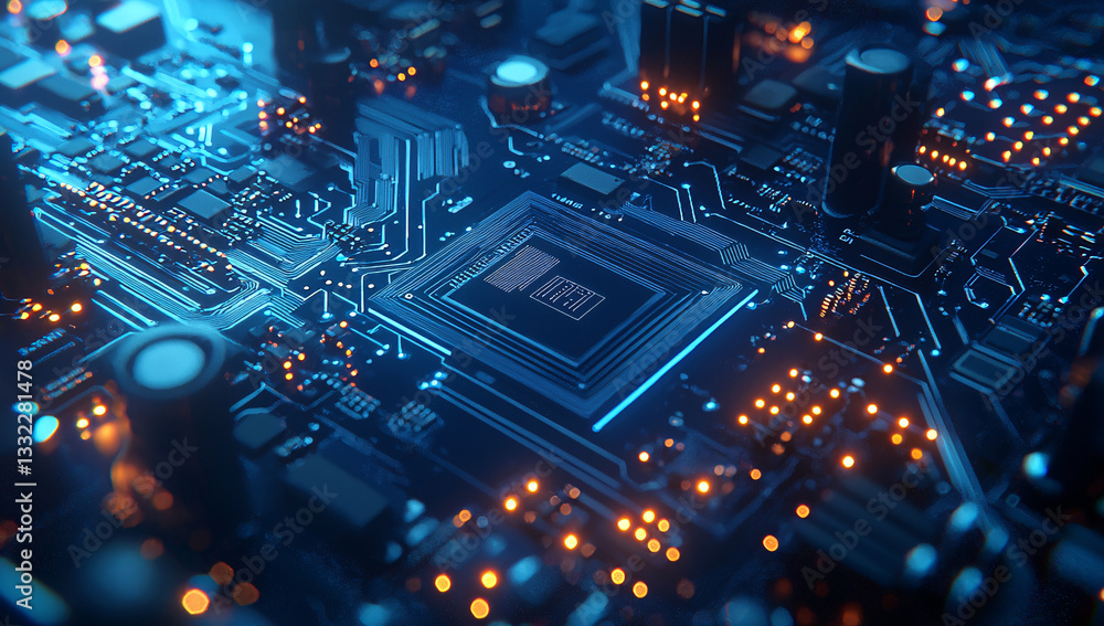 Poster closeup view of a complex computer circuit board with glowing components