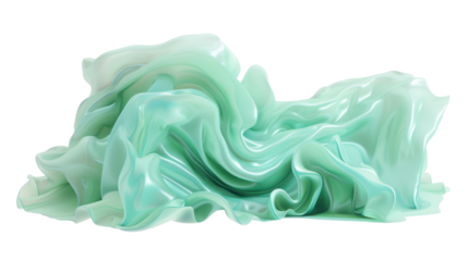 Flowing light green cloth on transparent background: elegance and movement in abstract design