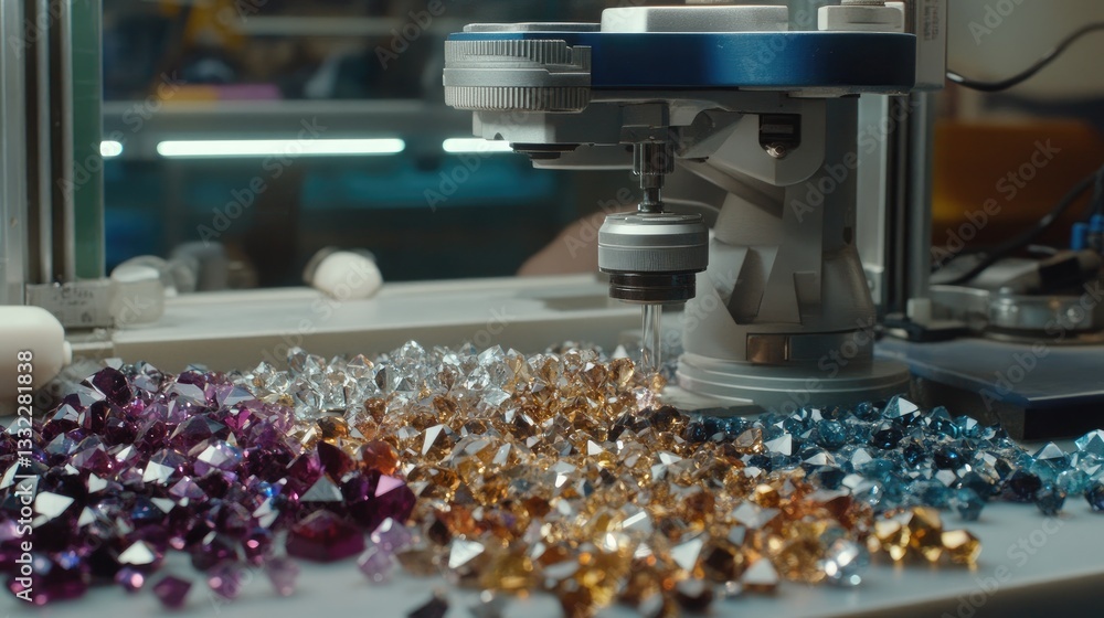 Poster a professional gemstone certification process taking place in a high-tech lab with grading documents