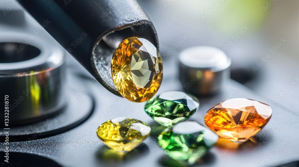 Poster a professional gemstone certification process taking place in a high-tech lab with grading documents