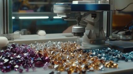 A professional gemstone certification process taking place in a high-tech lab with grading documents.