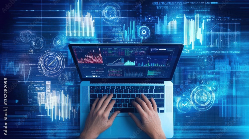 Poster hands using laptop with data charts and graphs in background