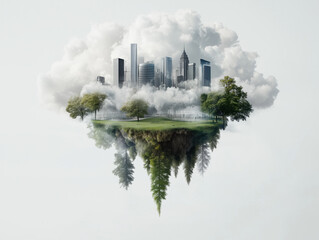 surreal landscape featuring floating island with trees and city skyline emerging from clouds, blending nature and urban elements harmoniously