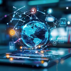 A digital screen displaying a rotating globe with educational icons surrounding it.