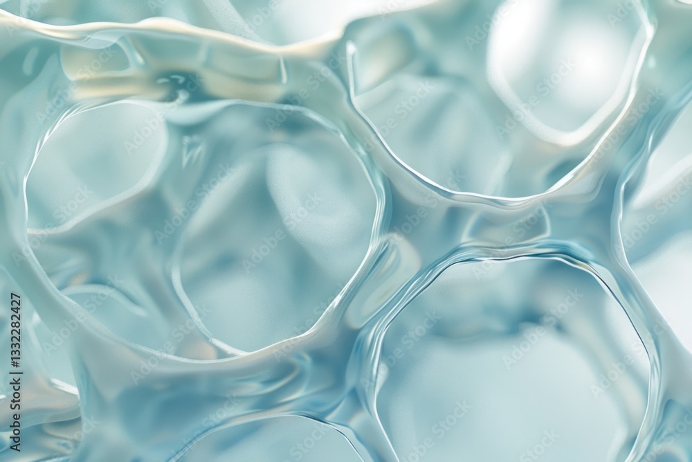 Poster intricate honeycomb structure features suspended droplets creating a surreal, organic appearance wit
