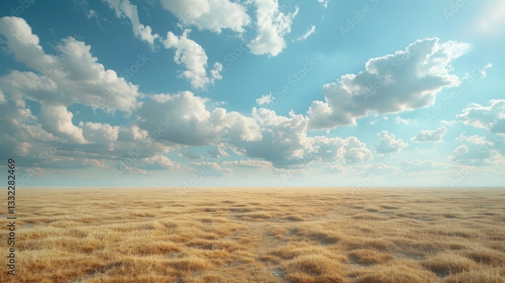 Poster a vast sky filled with soft cumulus clouds drapes over an open landscape, creating a dreamy and sere