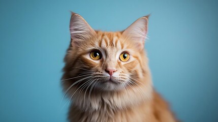 Portrait of a Ginger Maine Coon Cat Against a Light Blue Background