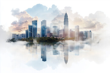 Fototapeta premium vibrant skyline of Southeast Asian city with modern skyscrapers reflecting in water, surrounded by mist and clouds, creating serene atmosphere