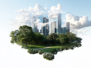 Fototapeta premium vibrant cityscape blending modern skyscrapers with lush greenery, showcasing harmonious balance between urban and natural elements. scene evokes sense of tranquility and innovation