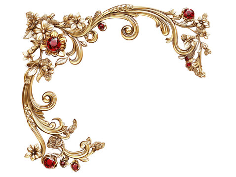 Ornate golden frame floral corner designs with red gemstones, intricate scrollwork, elegant border, symmetrical layout, decorative elements, vintage style, isolated on transparent background
