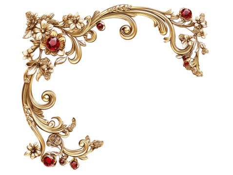 Ornate golden frame floral corner designs with red gemstones, intricate scrollwork, elegant border, symmetrical layout, decorative elements, vintage style, isolated on transparent background
