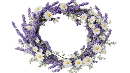 Decorative floral wreath with lavender and daisies on transparent background