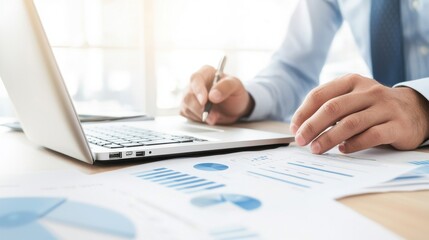 Fototapeta premium Businessperson Analyzing Charts and Reports at Modern Workspace