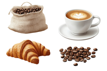 A Tempting Latte, Freshly Baked Croissant, And Burlap Sack Of Aromatic Coffee Beans Creating A Delightful Breakfast Scene With A Crisp, Clean Aesthetic Isolated on Transparent Background