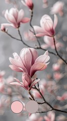 Obraz premium Soft pink magnolia flowers bloom gracefully, bathed in a dreamy, diffused light.