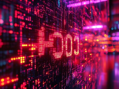 A futuristic digital display shows vibrant glowing numbers and grid patterns