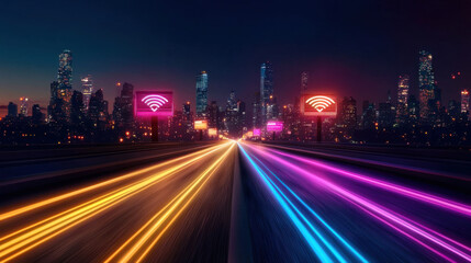 Obraz premium Wireless Technology and Future WiFi Concept, vibrant city skyline at night with colorful light trails and Wi Fi signals