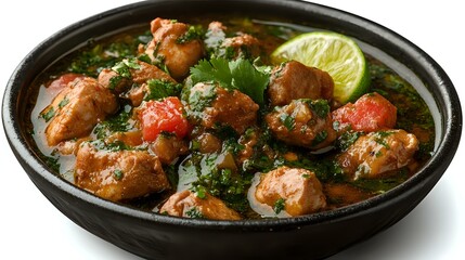 Spicy chicken stew with fresh herbs, lime, and tomatoes served in black ceramic bowl. Traditional hot meal with tender meat pieces in savory sauce.
