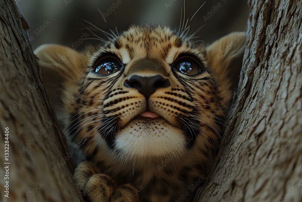 Poster close-up portrait of leopard cub with bright blue eyes looking up while hiding between tree branches