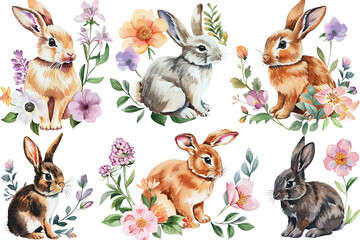Watercolor Rabbits and Orange Flowers in Pastel Style